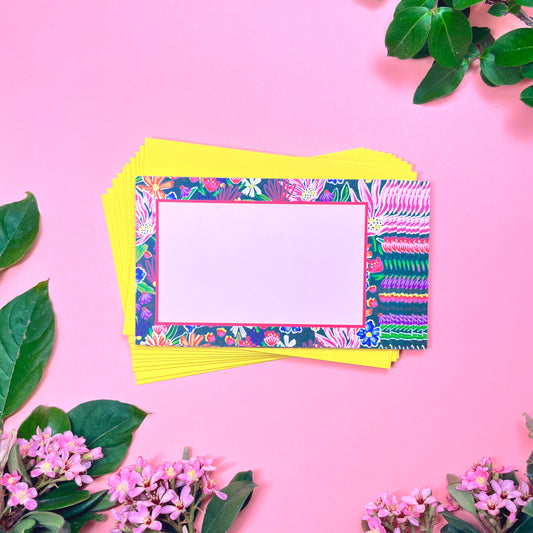 Bright floral on dark green background pattern, printed front and back, for the cutest flat note cards for handwritten greeting. Stationery set of 10 with envelopes. Shown with yellow envelope.