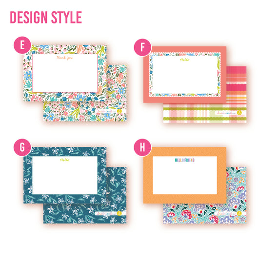 Customize these flat notes with your name, monogram, or saying. Multiple designs available: Bright modern and cute floral, picnic worthy plaid and flower, Blue floral print, yellow spotted pebble pattern with paisley back.