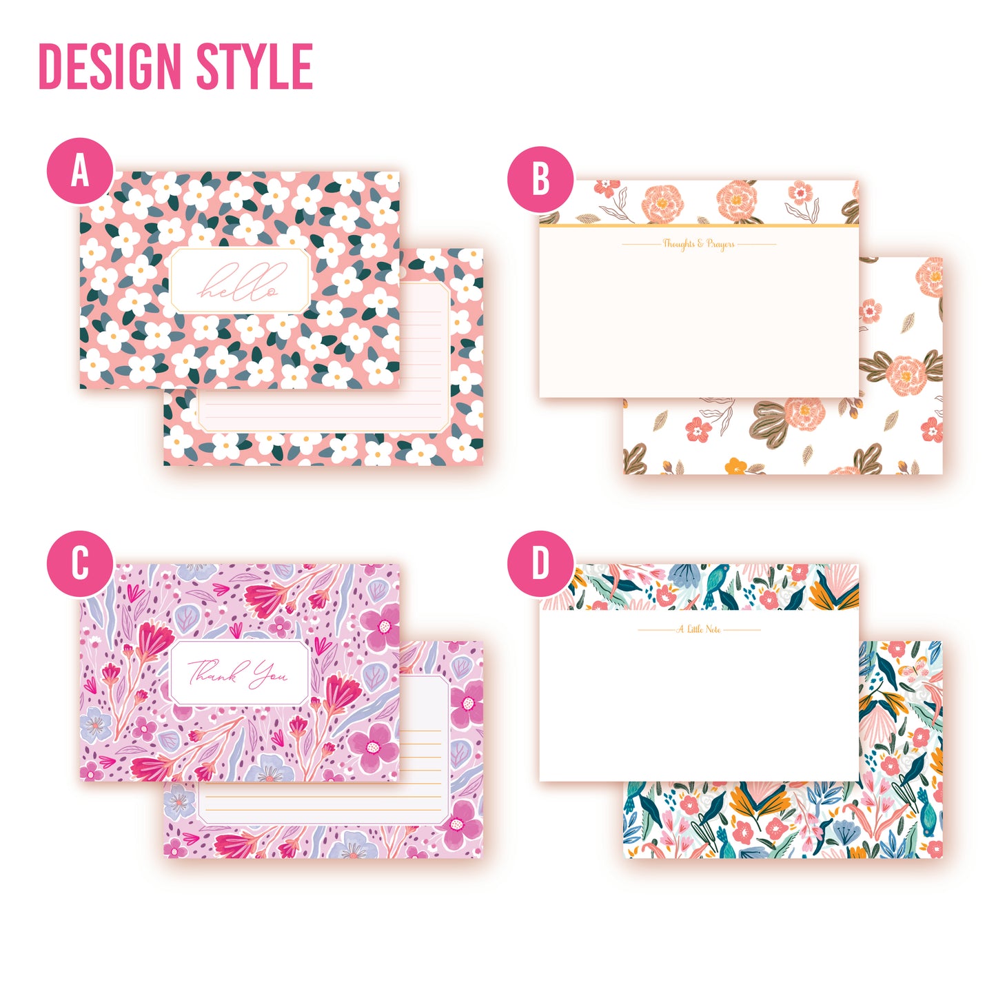 Customize these flat notes with your name, monogram, or saying. Multiple designs available: Floral pink, vintage embroidered floral, bright lilac cute floral, greenhouse inspired pattern with birds and butterfly