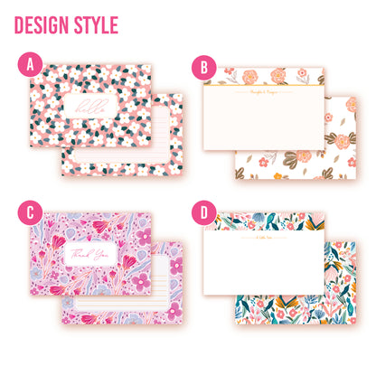 Customize these flat notes with your name, monogram, or saying. Multiple designs available: Floral pink, vintage embroidered floral, bright lilac cute floral, greenhouse inspired pattern with birds and butterfly