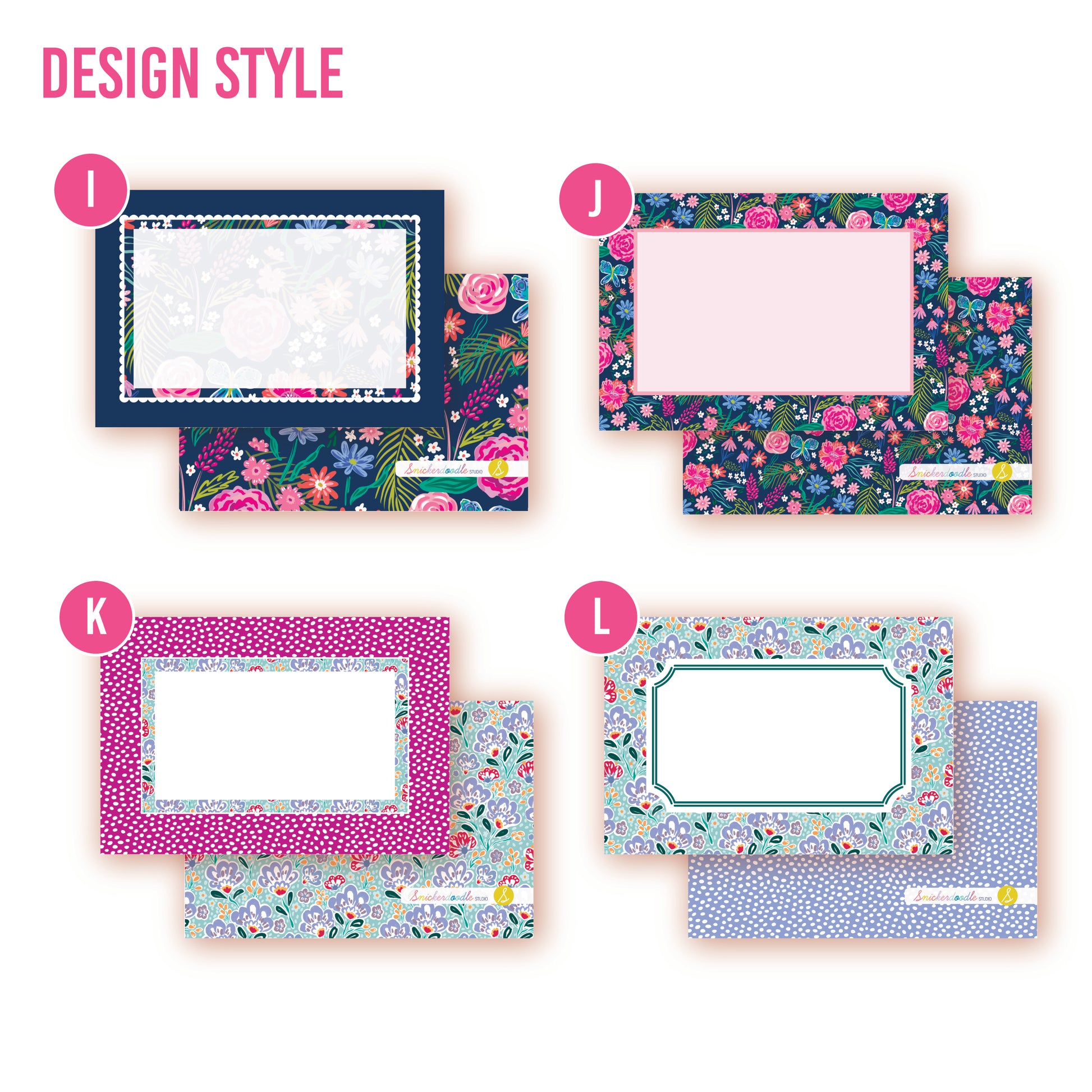 Customize these flat notes with your name, monogram, or saying. Multiple designs available: dark navy with bright floral pop with ruffles, butterfly pattern, paisley with wine red and silver blue print, mahjong style paisley.