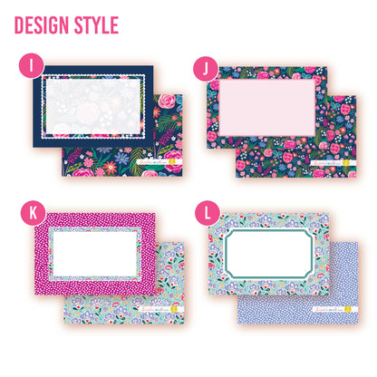 Customize these flat notes with your name, monogram, or saying. Multiple designs available: dark navy with bright floral pop with ruffles, butterfly pattern, paisley with wine red and silver blue print, mahjong style paisley.