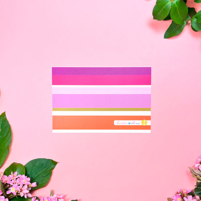 Bright floral pattern in a retro olive- lime border flat note card with a bright stripped back. Back of note card shown by itself.