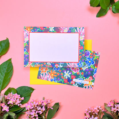 Bright floral on dark green background pattern, printed front and back, for the cutest flat note cards for handwritten greeting. Stationery set of 10 with envelopes. Shown with yellow envelope.