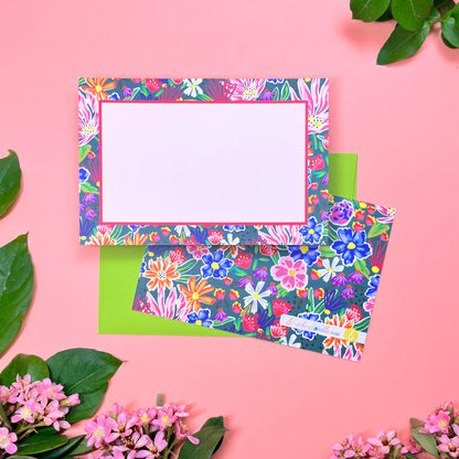 Bright floral on dark green background pattern, printed front and back, for the cutest flat note cards for handwritten greeting. Stationery set of 10 with envelopes. Shown with lime colored envelope.