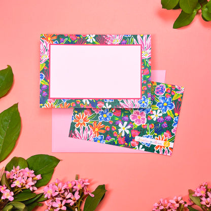 Bright floral on dark green background pattern, printed front and back, for the cutest flat note cards for handwritten greeting. Stationery set of 10 with envelopes. Shown with blush pink colored envelope.