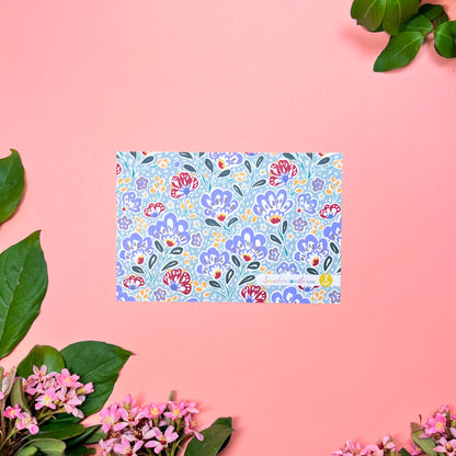 Cute yellow pebble spotted frame greeting card set of 10. Say "HELLO FRIEND" in a rainbow macaroon pastel way. Back of card shown by itself.